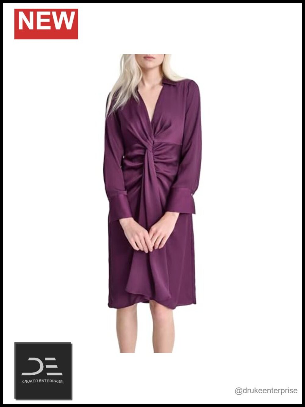 Women's Long Sleeve Collared Neck Knee Length Knot Front Dress